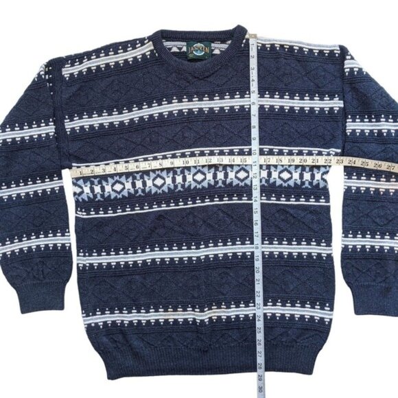 Vintage 90s Jantzen Grandpa Dad Sweater L Fair Isle Striped Blue Cotton Unisex - Picture 8 of 10